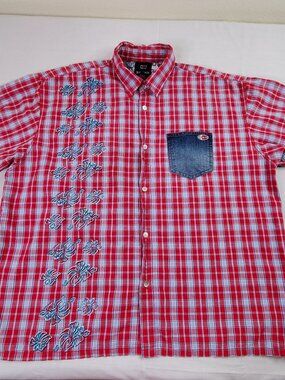 Bugle Boy Shirt Men 2X XXL Red Plaid Denim Pocket Short Sleeve Y2K Hawaii Vtg?
